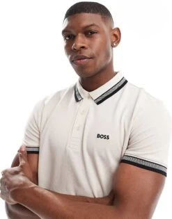 BOSS GREEN Paddy Tipped Polo Shirt In Light Beige For Men