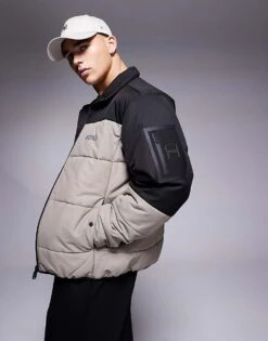 BOSS Green Puffer Jacket In Black And Khaki For Men Multi