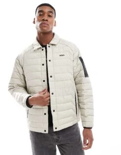 BOSS Green Padded Trucker Jacket In Beige For Men