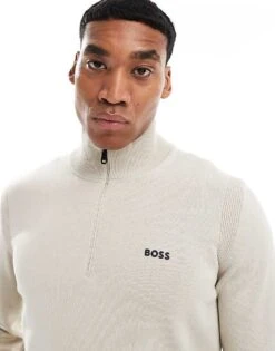 BOSS Green Ever X Half Zip Knitted Jumper In Beige For Men