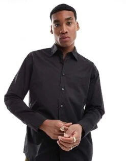 BOSS Orange Relegant Poplin Long Sleeve Shirt In Black For Men