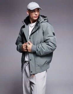 BOSS Orange Osis Padded Bomber Jacket In Grey With Hood For Men