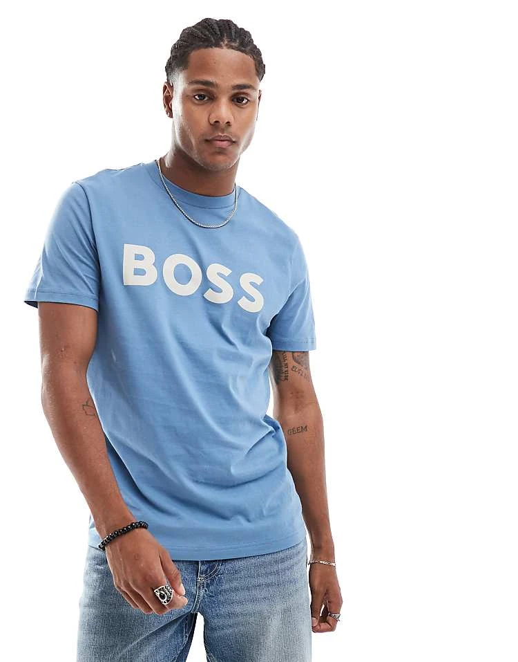 BOSS Orange Thinking T-shirt In Light Blue With White Logo For Men Navy