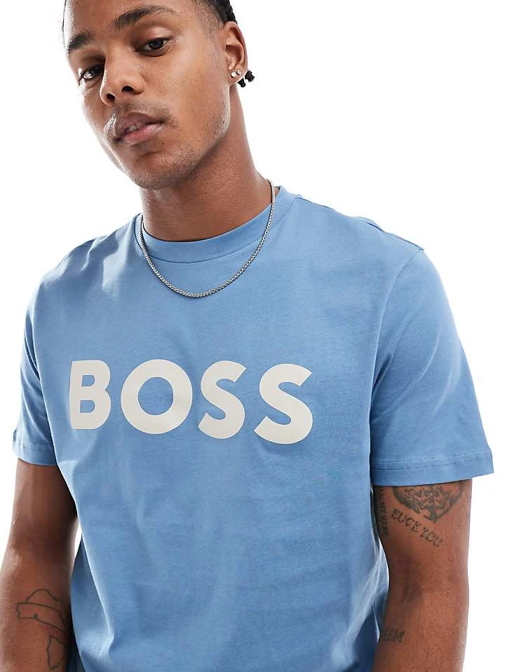 BOSS Orange Thinking T-shirt In Light Blue With White Logo For Men Navy - Image 3