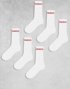 BOSS Bodywear HUGO Bodywear 6 Pack Ribbed Logo Socks In White For Men