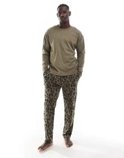 BOSS Bodywear HUGO Bodywear Long Sleeve Loungewear Set In Green With Animal Print For Men