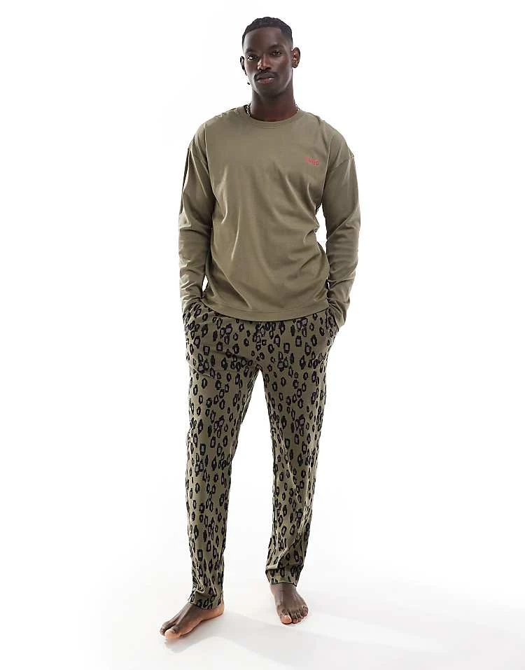 BOSS Bodywear HUGO Bodywear Long Sleeve Loungewear Set In Green With Animal Print For Men