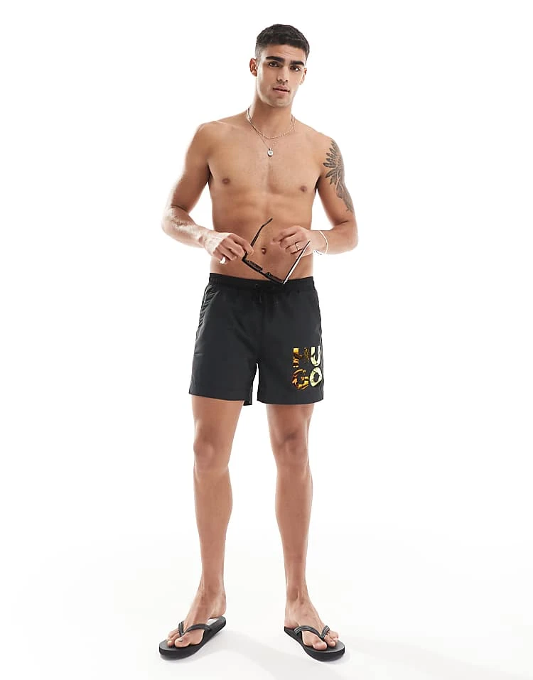 BOSS Bodywear HUGO Swimwear Rame Swim Shorts In Black With Holographic Logo Print For Men - Image 2