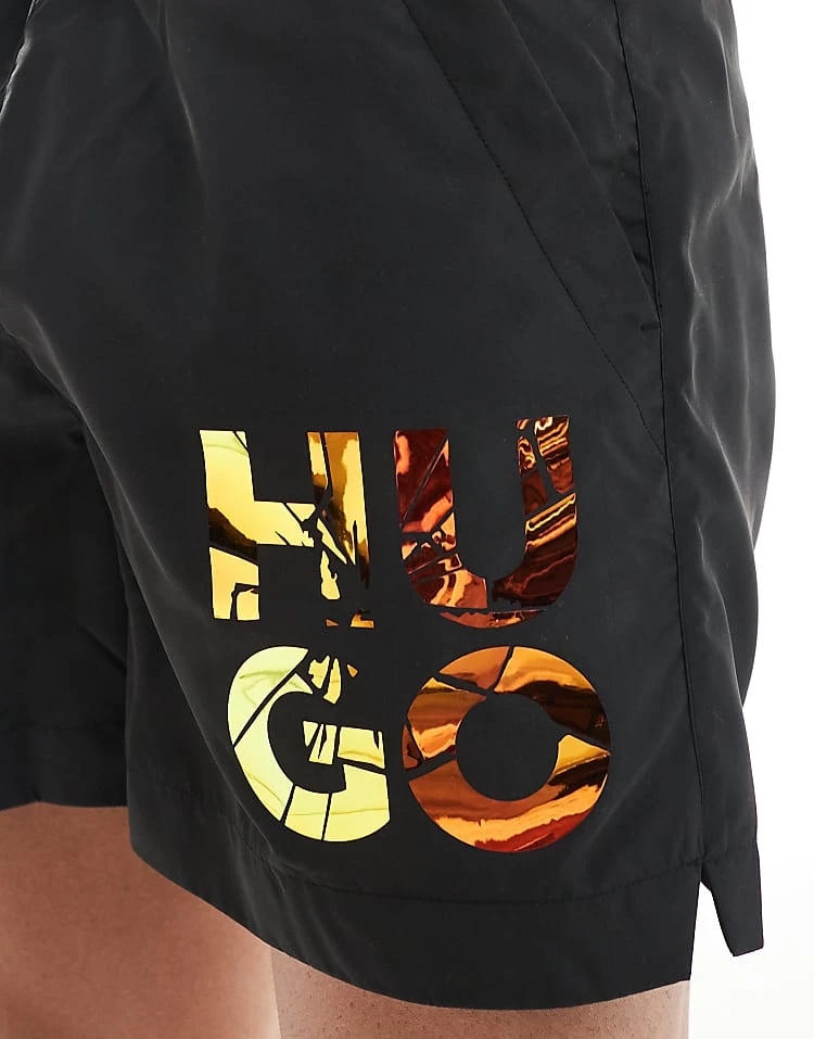 BOSS Bodywear HUGO Swimwear Rame Swim Shorts In Black With Holographic Logo Print For Men - Image 3