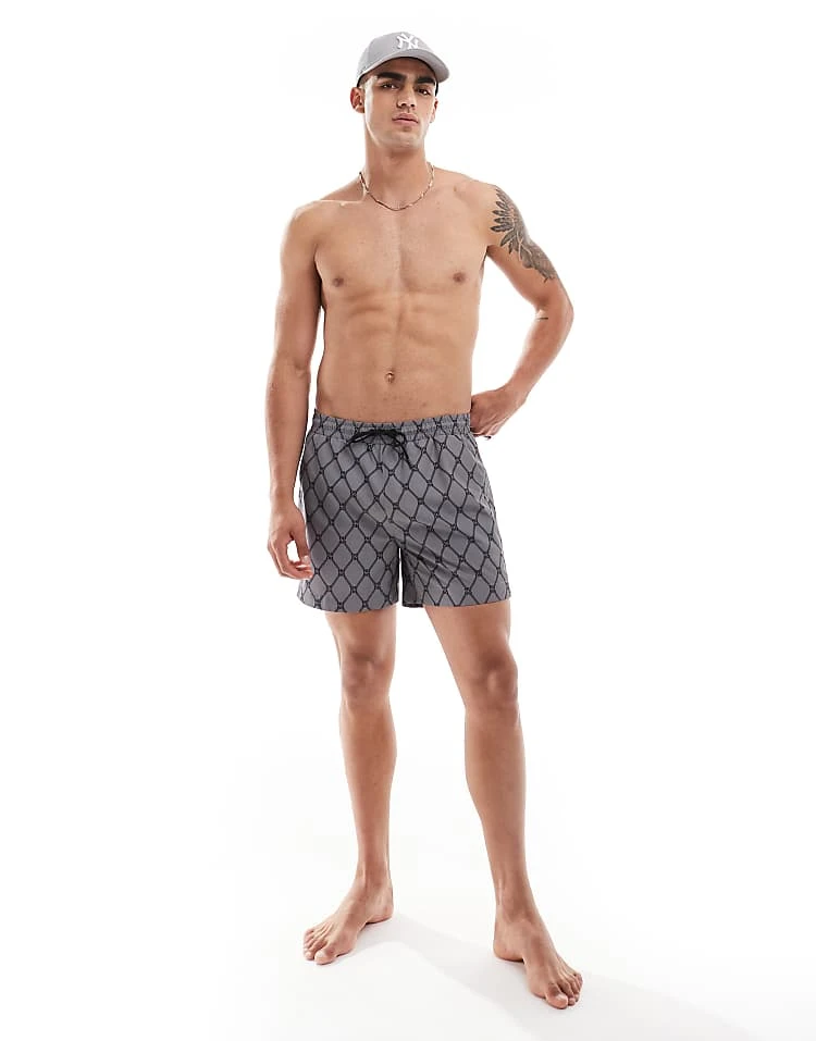 BOSS Bodywear HUGO Swimwear Sone Swim Shorts In Grey With Chain Monogram Print For Men - Image 5