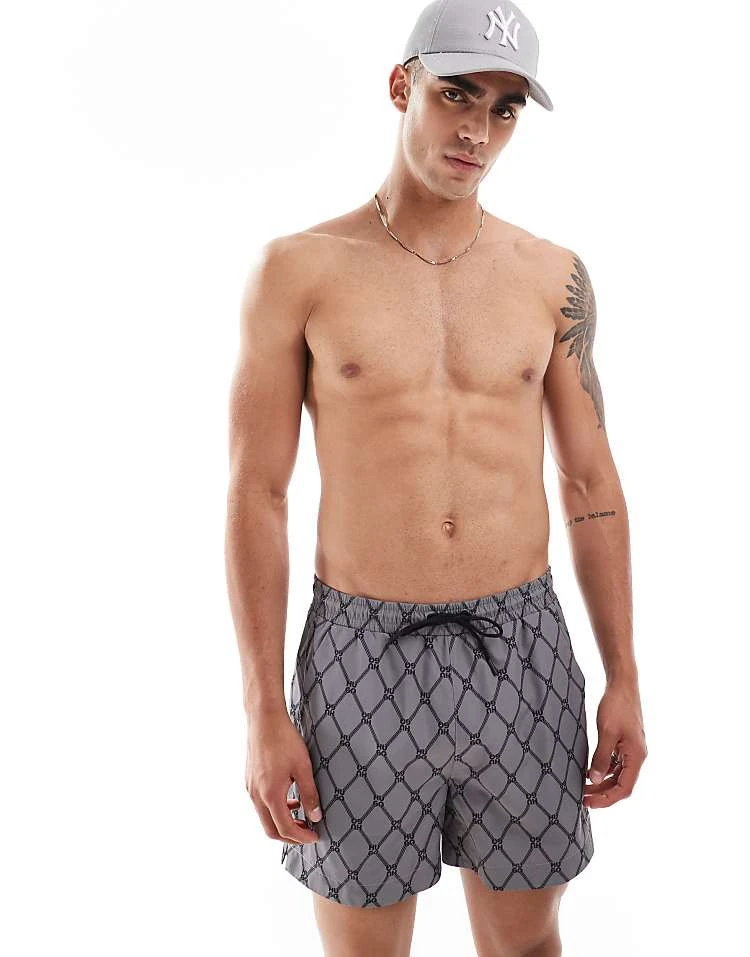 BOSS Bodywear HUGO Swimwear Sone Swim Shorts In Grey With Chain Monogram Print For Men - Image 3