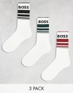 BOSS Bodywear 3 Pack Logo Socks With Sports Stripe In White For Men