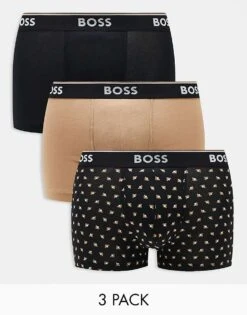 BOSS Bodywear 3 Pack Power Trunks In Black With Design Print For Men