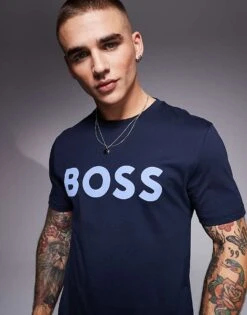 BOSS Orange Thinking Large Chest Logo T-shirt Regular Fit In Navy For Men