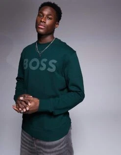 BOSS Orange WeBasicCrew Large Tonal Chest Logo Sweatshirt Relaxed Fit In Dark Green For Men