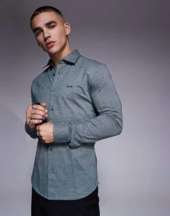 BOSS Orange Mysoft Tonal Logo Pique Marl Shirt Slim Fit In Dark Green For Men