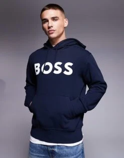 BOSS Orange Webasic Large Chest Logo Hoodie Relaxed Fit In Navy For Men