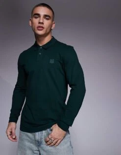 BOSS Orange Passerby Tonal Logo Long Sleeve Pique Polo Slim Fit In Dark Green For Men