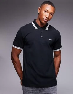 BOSS Green Paddy Logo Tipped Pique Polo Regular Fit In Black For Men