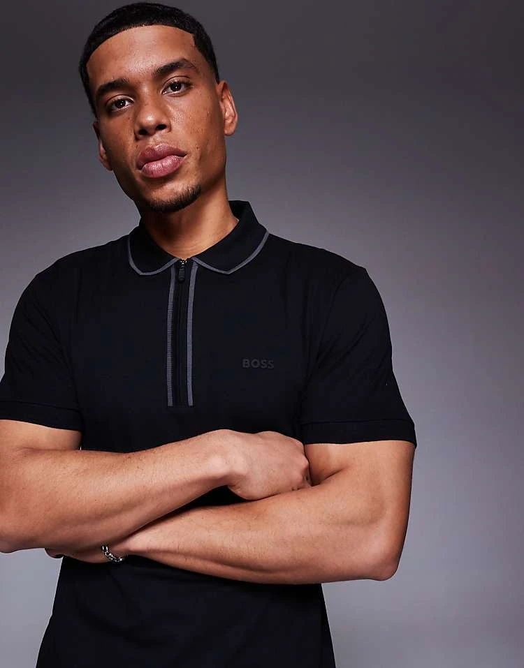 BOSS Green Philix Tape Zip Neck Pique Polo Regular Fit In Black For Men - Image 5
