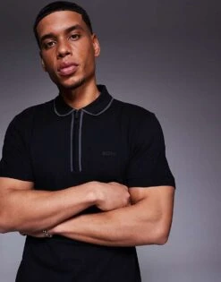 BOSS Green Philix Tape Zip Neck Pique Polo Regular Fit In Black For Men