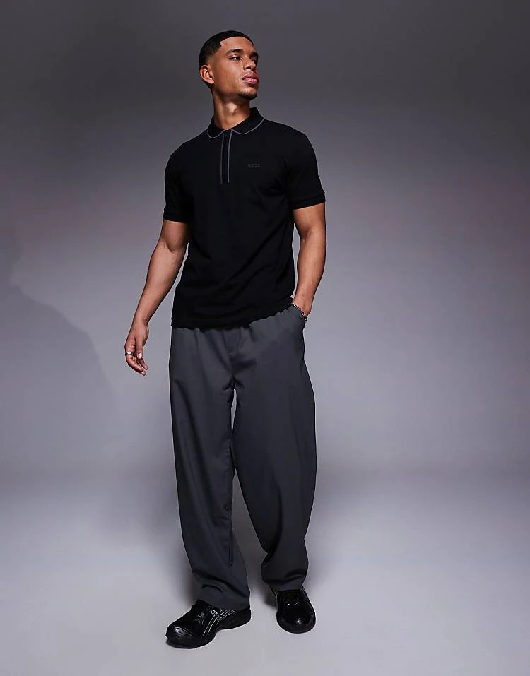 BOSS Green Philix Tape Zip Neck Pique Polo Regular Fit In Black For Men - Image 3