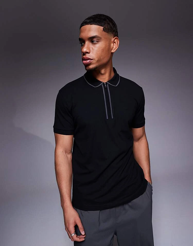 BOSS Green Philix Tape Zip Neck Pique Polo Regular Fit In Black For Men - Image 4