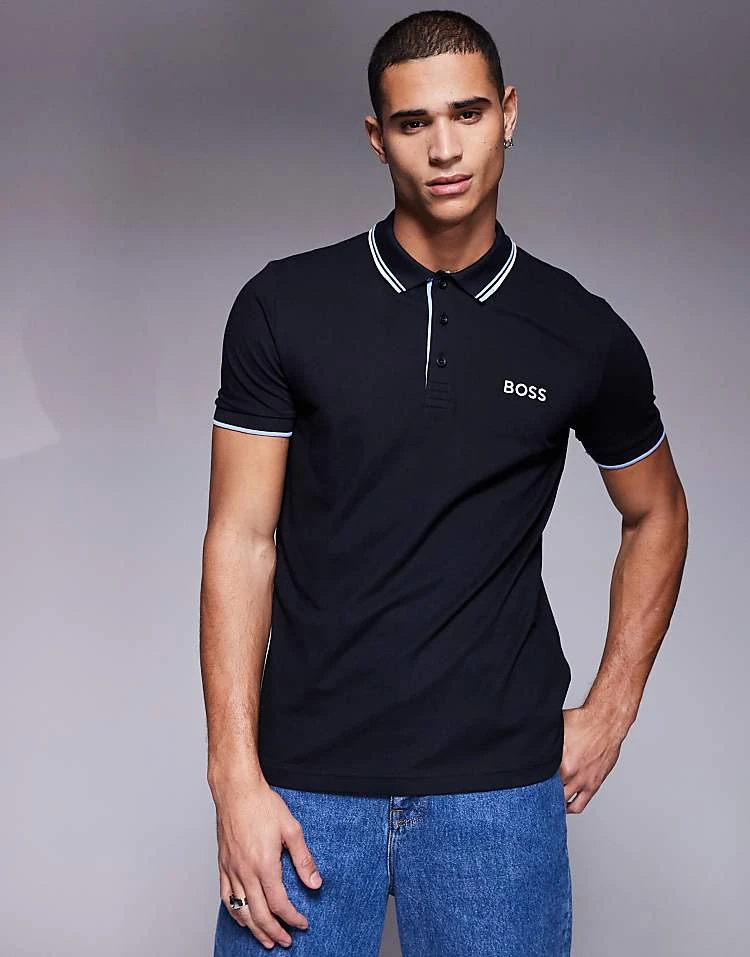 BOSS Green Paddy Pro Tipped Pique Polo Regular Fit In Navy For Men