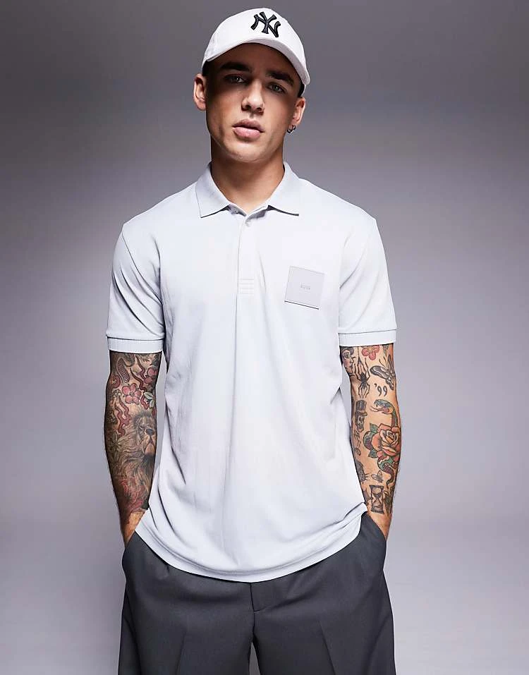 BOSS Green Paddy DropNeedle Box Logo Pique Polo Regular Fit In Light Grey For Men