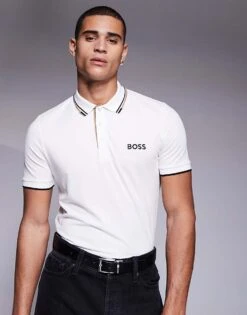 BOSS Green Paddy Pro Tipped Pique Polo Regular Fit In Cream For Men