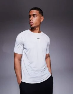 BOSS Green Active Small Central Logo T-shirt Slim Fit In Light Grey For Men