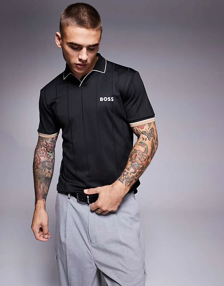 BOSS Green Palle 2 Open Collar Jersey Polo Slim Fit In Black For Men - Image 5