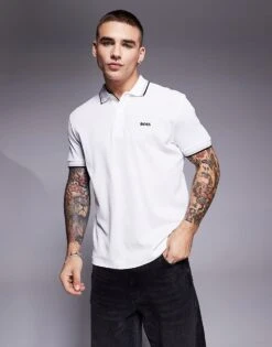 BOSS Green Paddy Logo Tipped Pique Polo Regular Fit In White For Men