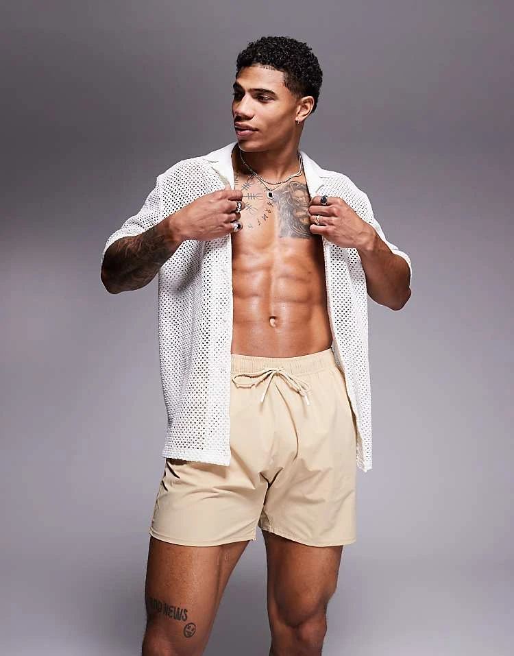 BOSS Bodywear BOSS Iconic Side Stripe Logo Swim Shorts In Light Beige For Men - Image 3