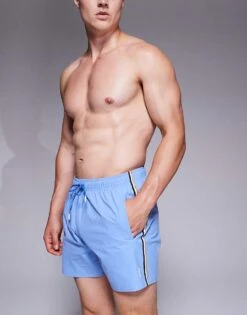 BOSS Bodywear BOSS Iconic Side Stripe Logo Swim Shorts In Mid Blue For Men