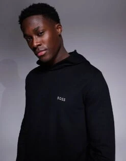 BOSS Bodywear Waffle Logo Long Sleeve Hooded T-shirt Regular Fit In Black Co-ord For Men