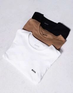 BOSS Bodywear Classic 3 Pack Logo Long Sleeve T-shirt Regular Fit In White/tan/black For Men