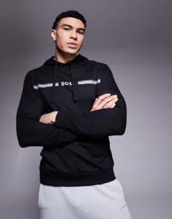 BOSS Bodywear Authentic Stripe Logo Hoodie Regular Fit In Black For Men