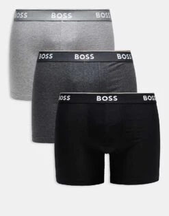 BOSS Orange BOSS Bodywear Boxer Power 3 Pack Logo Waistband Long Length Trunks In Greys/black For Men