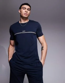BOSS Bodywear Unique Stripe Logo T-shirt Regular Fit In Navy For Men