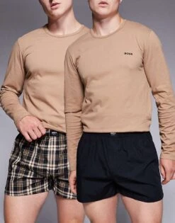 BOSS Bodywear 2 Pack Check And Plain Peached Finish Woven Boxers In Black For Men