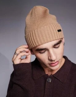 BOSS Orange Boss Fati Knitted Beanie Hat In Tan For Men
