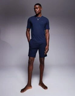 BOSS Bodywear Bamboo Mix T-shirt And Short Set Regular Fit In Navy For Men