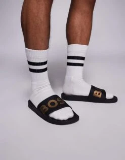 BOSS Orange Boss Aryeh Contrast Logo Slider In Black And Gold For Men